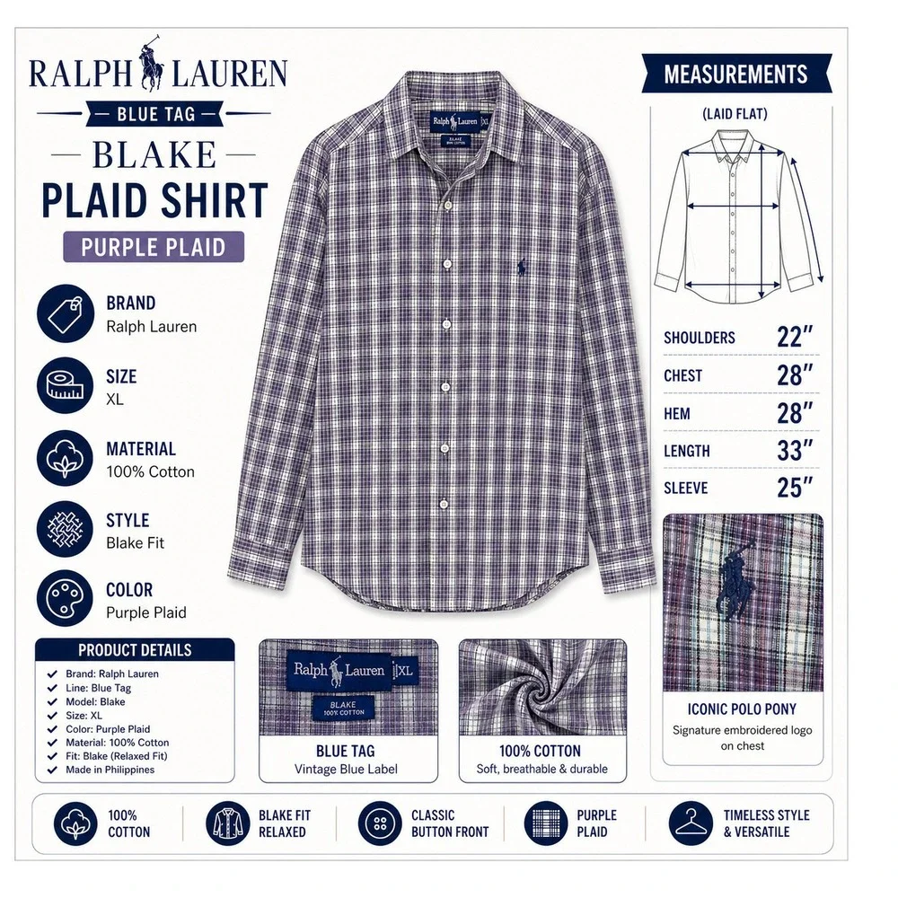 Ralph Lauren Blake Shirt Mens XL Purple Grey Plaid‎ Long Sleeve Cotton Button